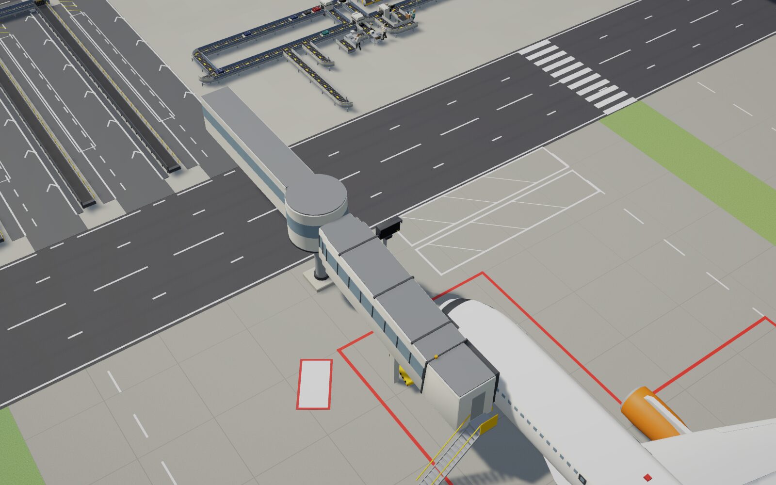 A jet bridge docked at an aircraft on its stand, with the baggage hall's conveyors behind.